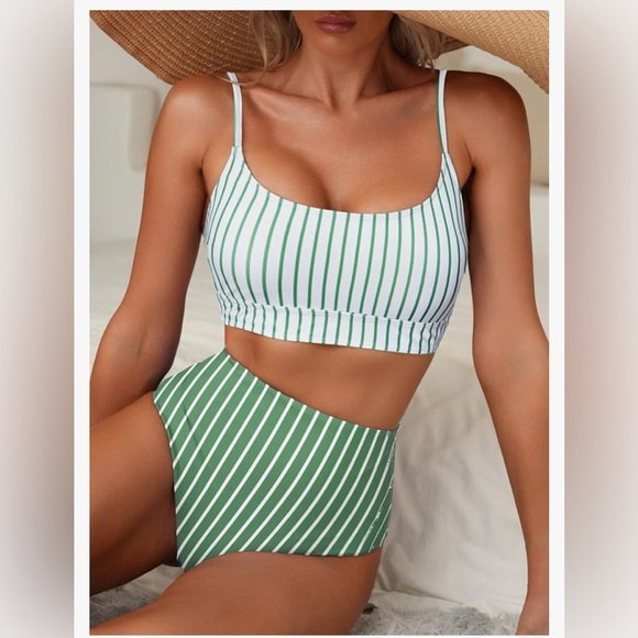 Herseas Size Large Striped Green and White Bikini Set. NWOT - Picture 2 of 8
